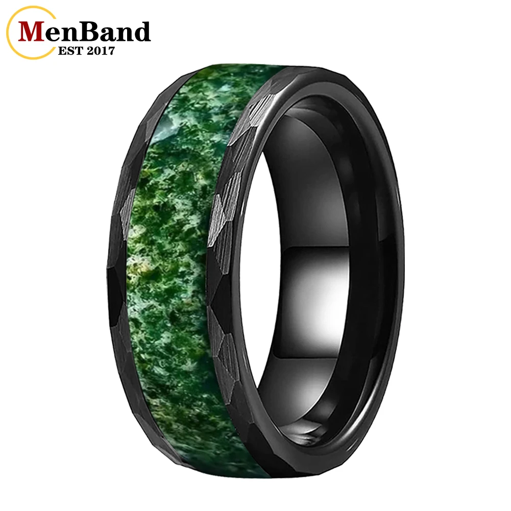 

Мужской браслет 8 мм, кованое черное карбид вольфрама, мужское кольцо с инкрустацией из мха и агата, мужское обручальное кольцо, ювелирные изделия, подарки