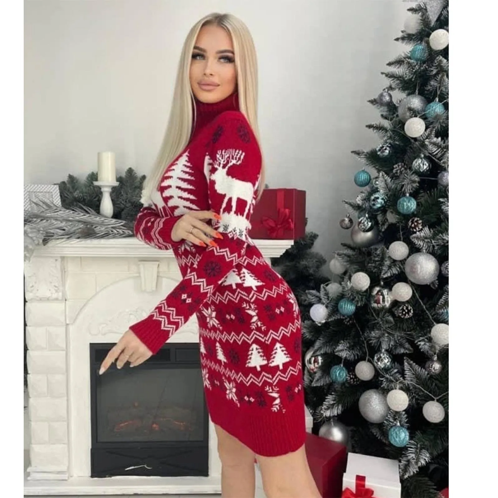 Merry Christmas Women New Year's Clothes Knitted Sweaters Full Sleeve O Neck Dress Warm Thick Jumpers Sheath Vestidos Xmas Look