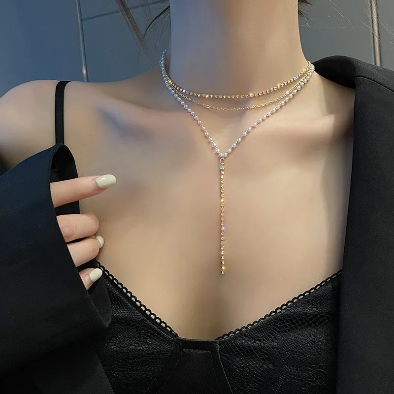 

New Sparkling Zircon Pearl Beads Necklace Chain Kpop Pearl Choker Necklace Gold Color Chocker Jewelry Pendant Collar for Girl