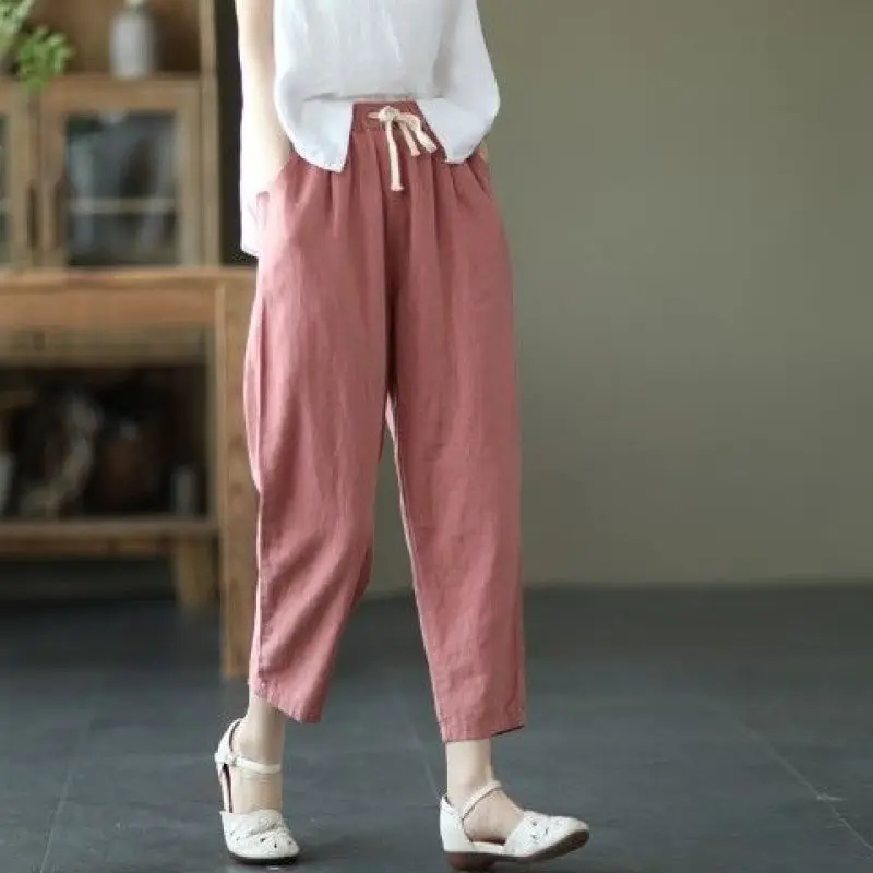 Women Summer Simplicity Loose Cotton and Linen Solid Color Waist Harem Ladies Large Size Casual All-match Trend Cropped Pants