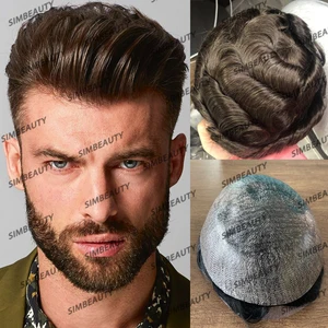 Doğal saç çizgisi Peruk dayanıklı, ince tenli, tam Pu Taban, erkek saç, insan saçı peruk kül kahverengi Düz Adam, Saç Sistemi Bir Protezdir Erkek-insan peruğunun ilk 10 satışı-no. 6