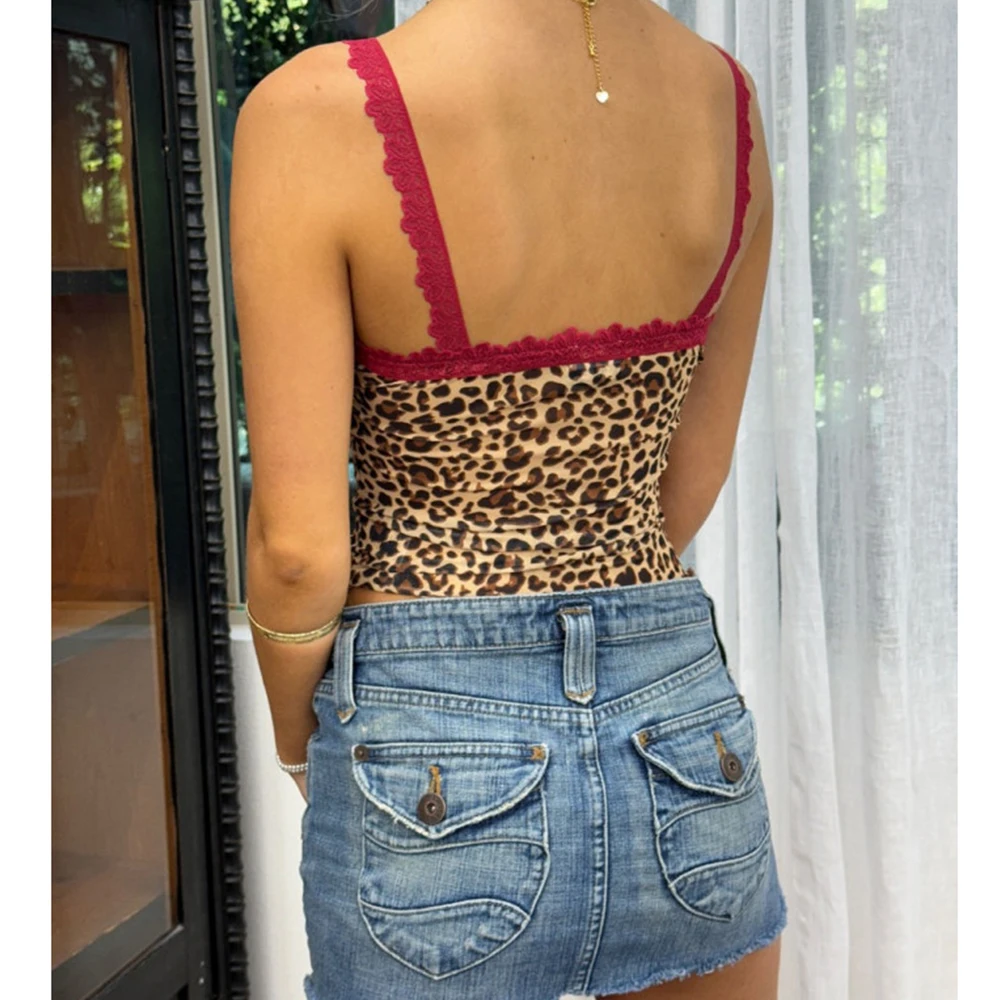 Camisola Sexy con estampado de leopardo y ribete de encaje para mujer, ropa estética Grunge Punk Y2K, camiseta ajustada con espalda descubierta 2025