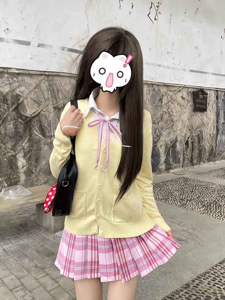 

Japanese Sle JK orm Long Sve Open Cardigan Sweater Jaet Women's Spring Autumn School orm JK Plaid Skirt Set