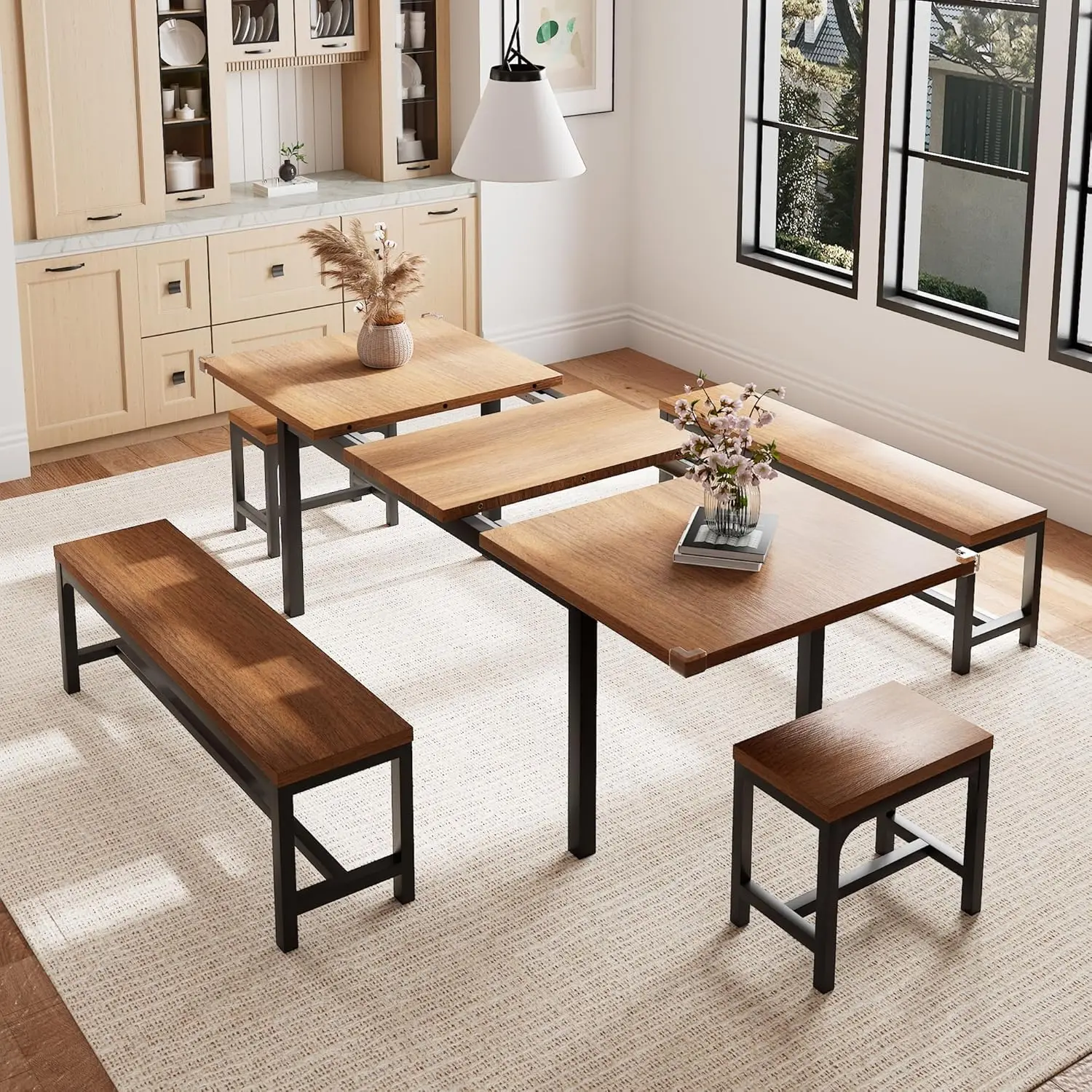 

Pieces Dining Room Table Set for 4-6, 63' Extendable Kitchen Table Set with 2 Benches & 2 Stools, Small Dining Table Set wit