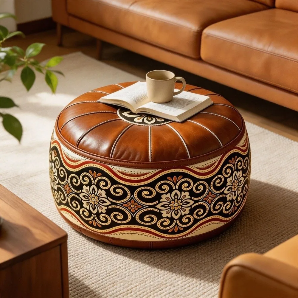 PU Leather Round Sofa Stool Cover Vintage Waterproof Seat Cushion Cover Space-Saving Unfilled Sofa Footstool Bedroom