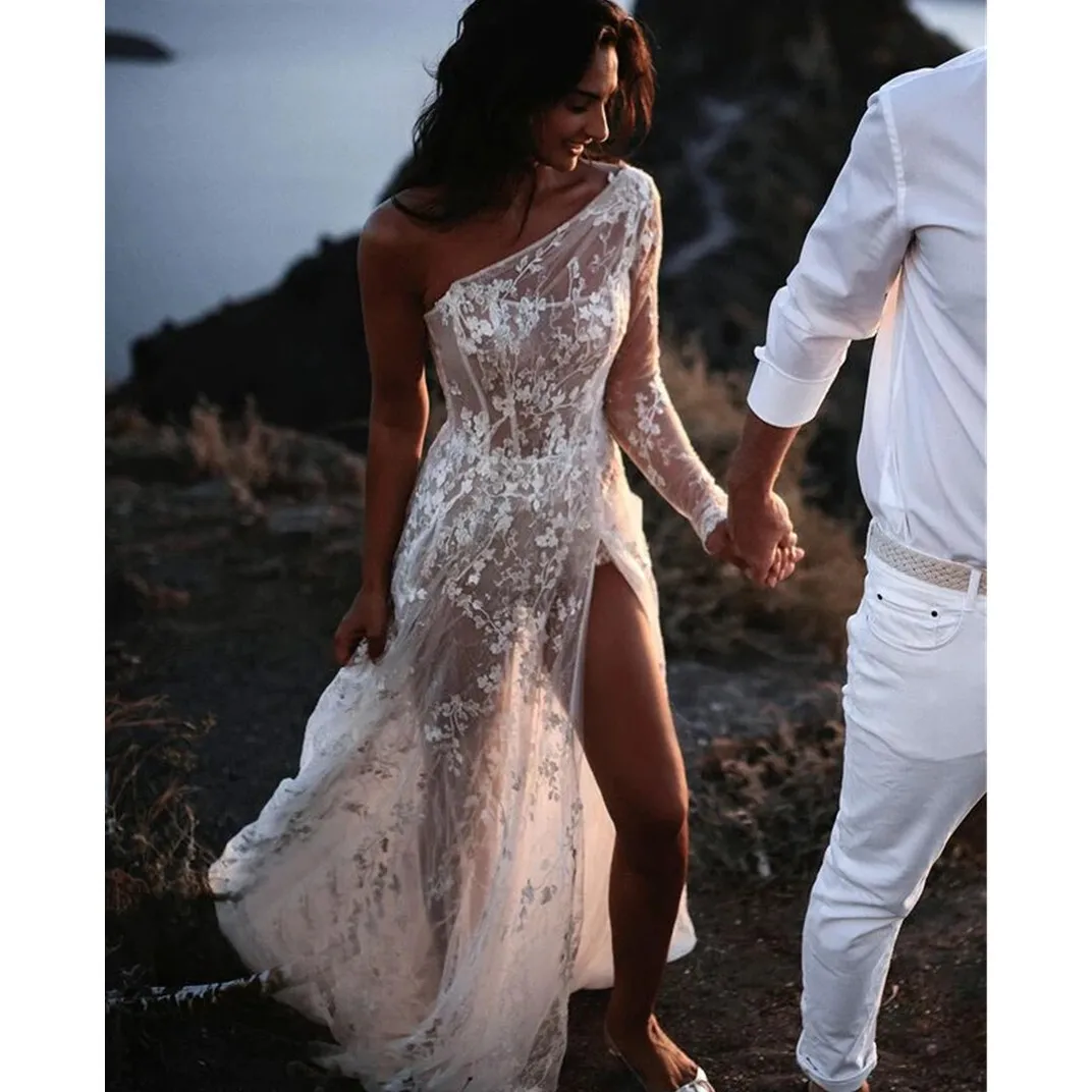 

Floral One Shoulder Lace Appliques Sleeveless Mermaid Bride Wedding Dresses Gown Floor Length Vestidos De Noiva