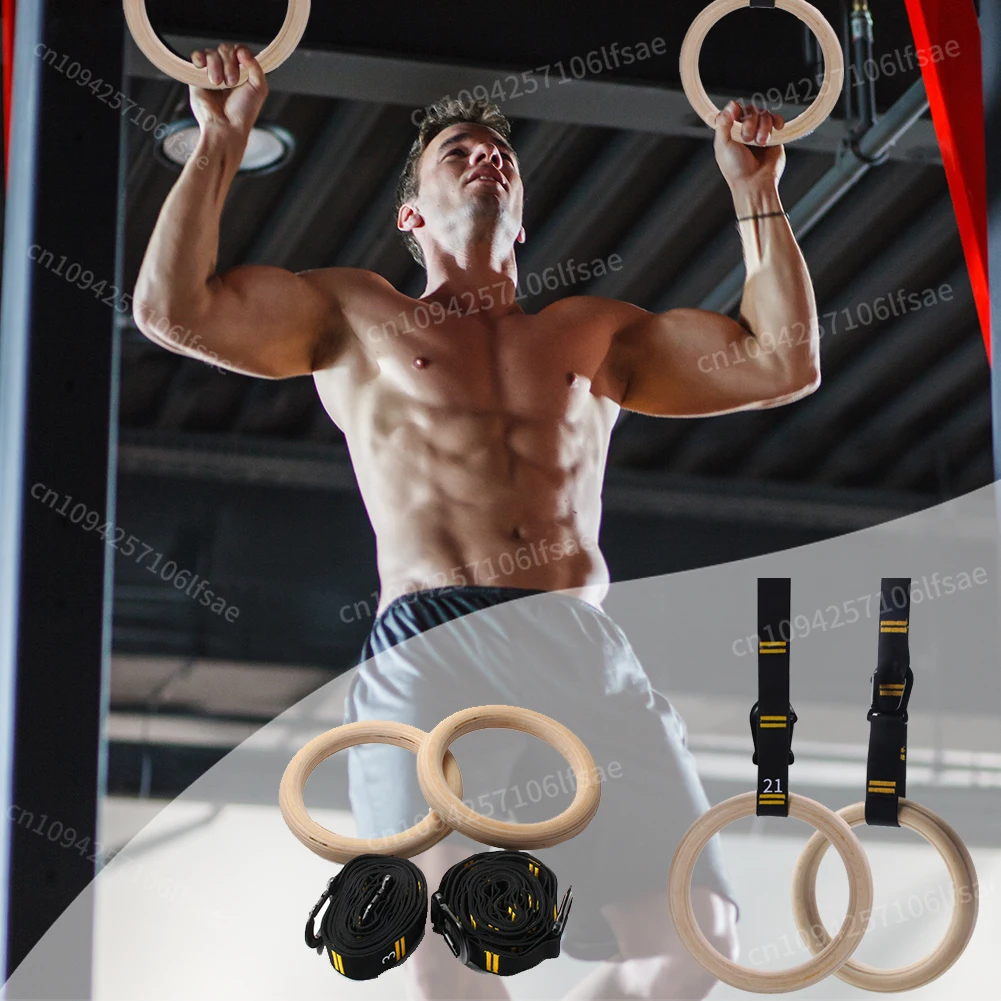 Wood Gymnastics Rings with Adjustable Straps Pull Up Gym Rings Multi-Function Strength Training Equipment for Home Gym
