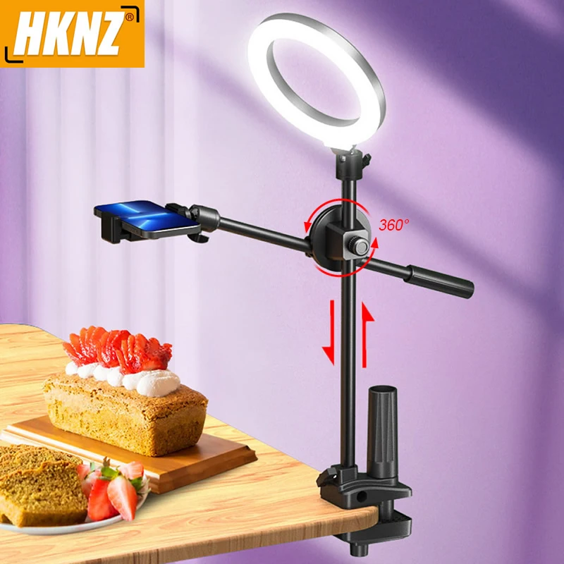 Desk Lifting Bracket with Phone Holder 360°Ballhead Clamp Mount with LED Ring Light Video Recording Desktop Food Overlooking