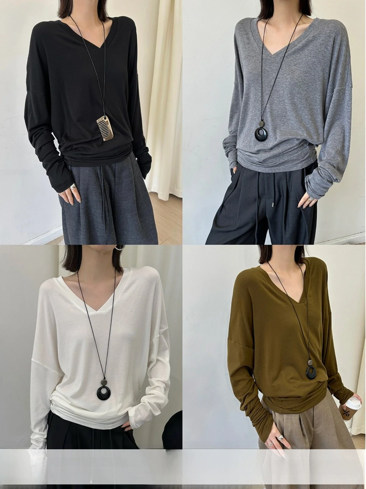 

MUCCHIC Silk Wool Long Sve V-ne T-irt Loose Casual Top Autumn New Sle Bend Knife Sense Comfortable Women's Faion