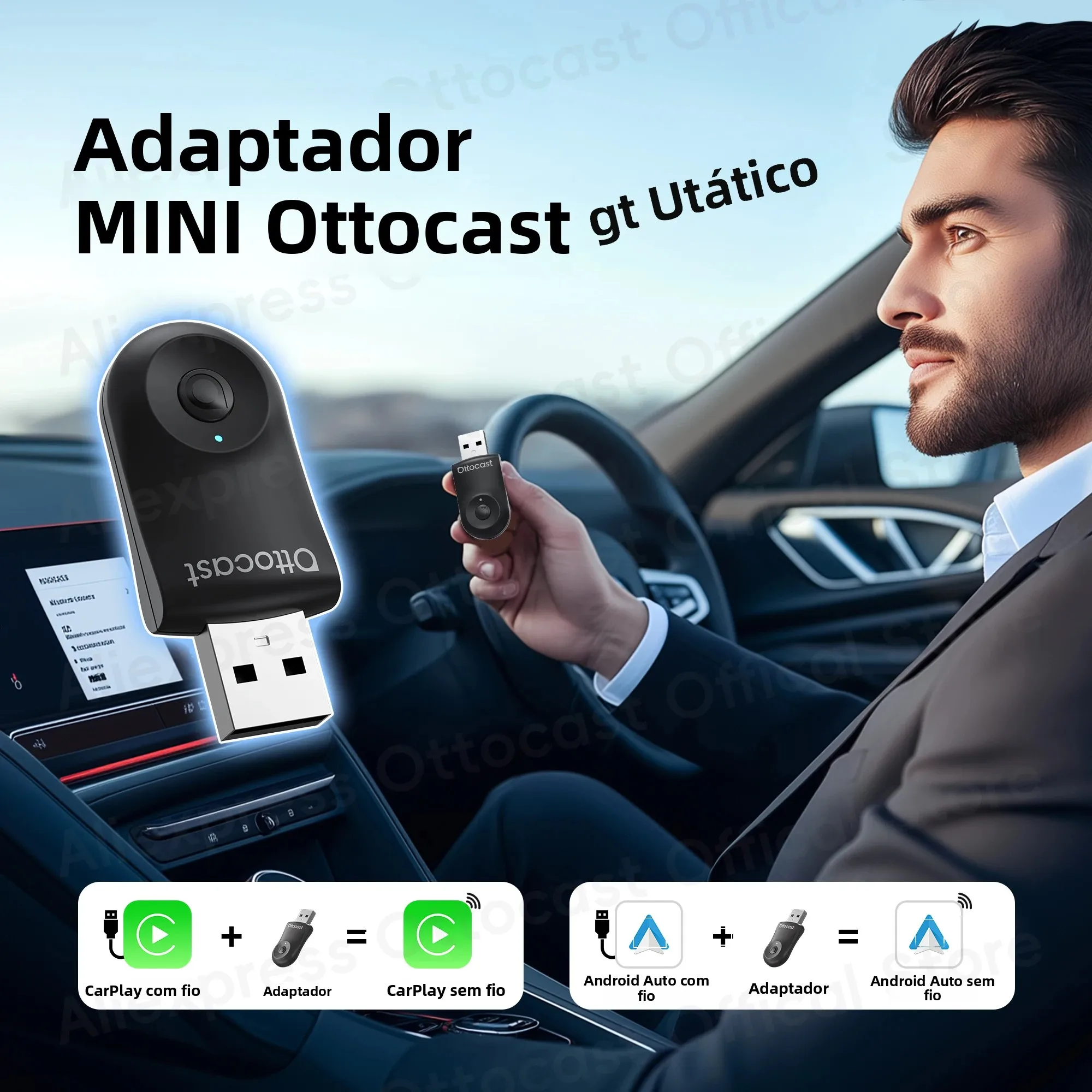 2026 Novo Adaptador OTTOCAST MINI Sem Fio para Android Auto e CarPlay, Acessório Automotivo Bluetooth para iPhone, Samsung e Telefones Google