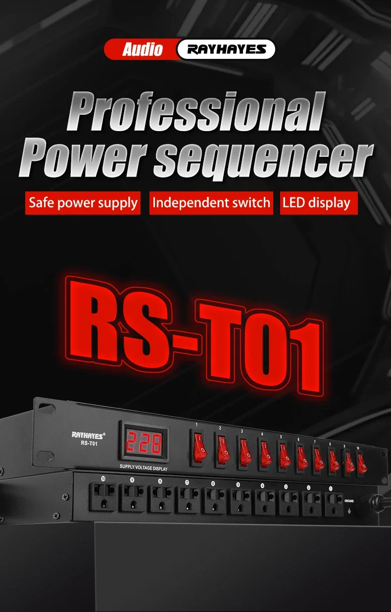 

RAYHAYES RS-T01 Professional Audio Power Sequencer with LED Voltage Display Universal Socket Compatible with Multiple Devices