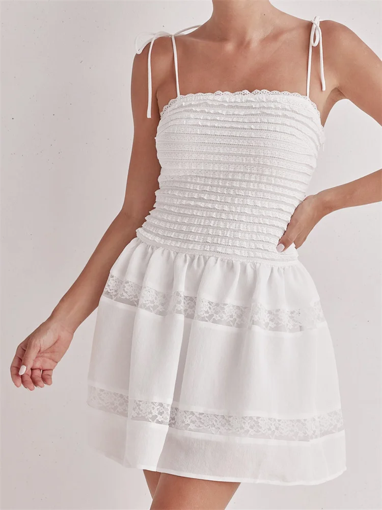 

CHRONSTYLE Women Summer Mini Dresses Lace Patchwork Sleeveless Tie-up Spaghetti Strap Backless A-line Dress Female Vestidos 2025