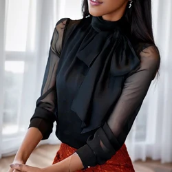 Summer Fashion Long Sleeve Tie Bow Blouse Chiffon Women Shirts 2024 New Tunic Turtleneck Formal Women White Black Shirts 0599 30