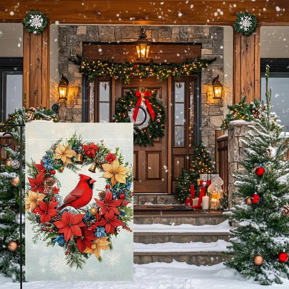 Winter Red Bird Flowers Garden Flag 12x18 Inch Double Sided Christmas Cardinal Colorful Floral Bell Yard Outdoor Flag House  uui