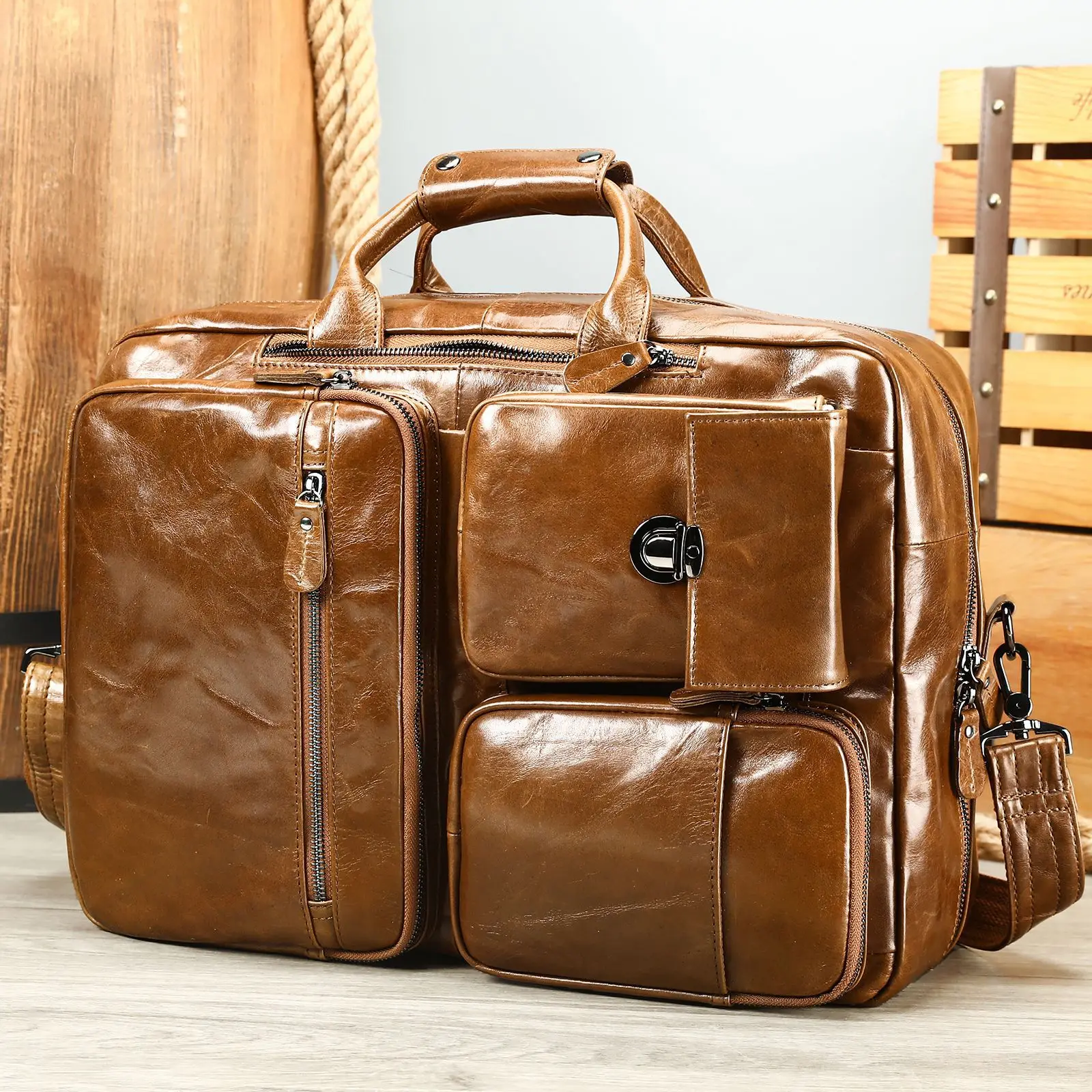 New leather multifunctional backpack, men's large capacity retro diagonal shoulder bag, hand-held briefcase.