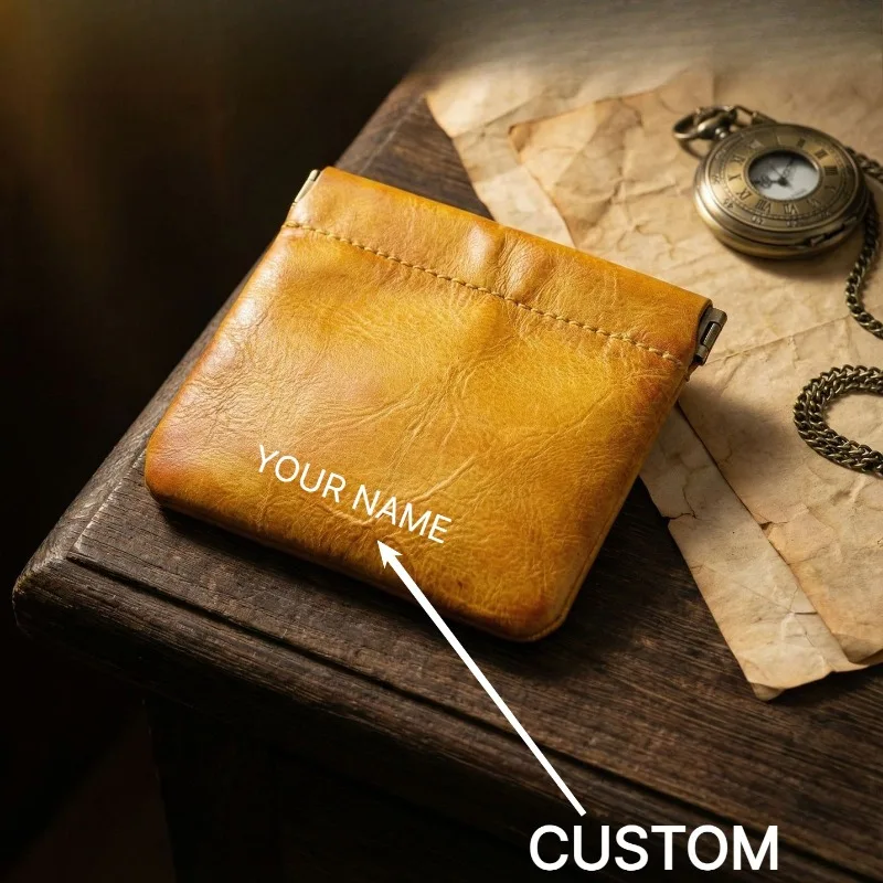 Full Grain Leather Vintage Organizer Bag Vegetable Tanned Cosmetic Pouch Magnetic Closure Coin Purse Custom Engraving