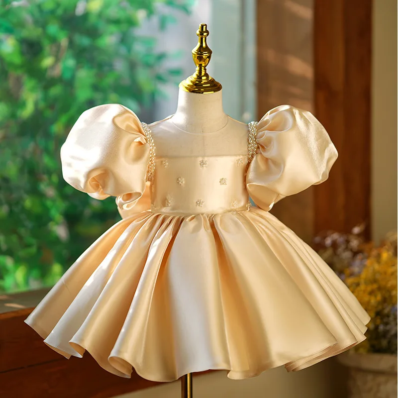 

Cute beaded Kids Princess Dress Bow Evening Ball Gown Children Baby Birthday Baptism Party Clothing Easter Eid Dresses For Girls