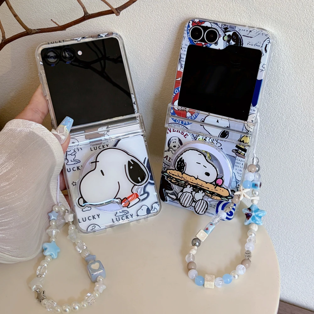 Image of Niedliche Cartoon-Erdnuss-Snoopy-Magnethalterung, Magsafe Wireless Charge Handyhülle für Samsung Galaxy Z Flip 8 7 6 5, harte TPU-Abdeckung