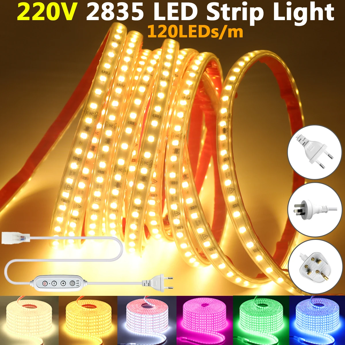 Timing Dimmer 2835 LED Strip Light 120LEDs/m AC 220V Power Kit Warm Blue Pink Waterproof Cuttable Soft Tape Garden Home Lighting