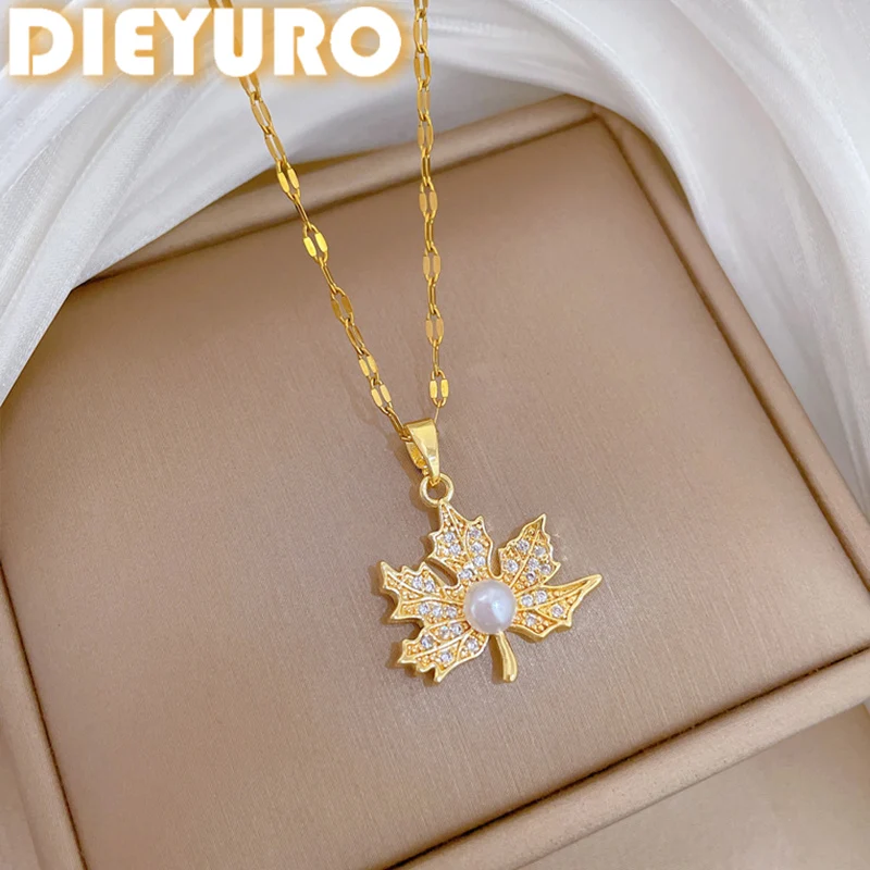 DIEYURO 316L Stainless Steel Golden Maple Leaf Pearl Zircon Light Luxury Pendant Necklace For Women Waterproof  Jewelry Gift