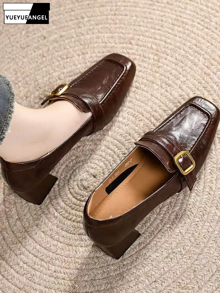 Office Ladies Work Block Med Heels Cow Split Leather Pumps Square Toe Vintage Buckle Slip On Loafers Comfortable Casual Shoes