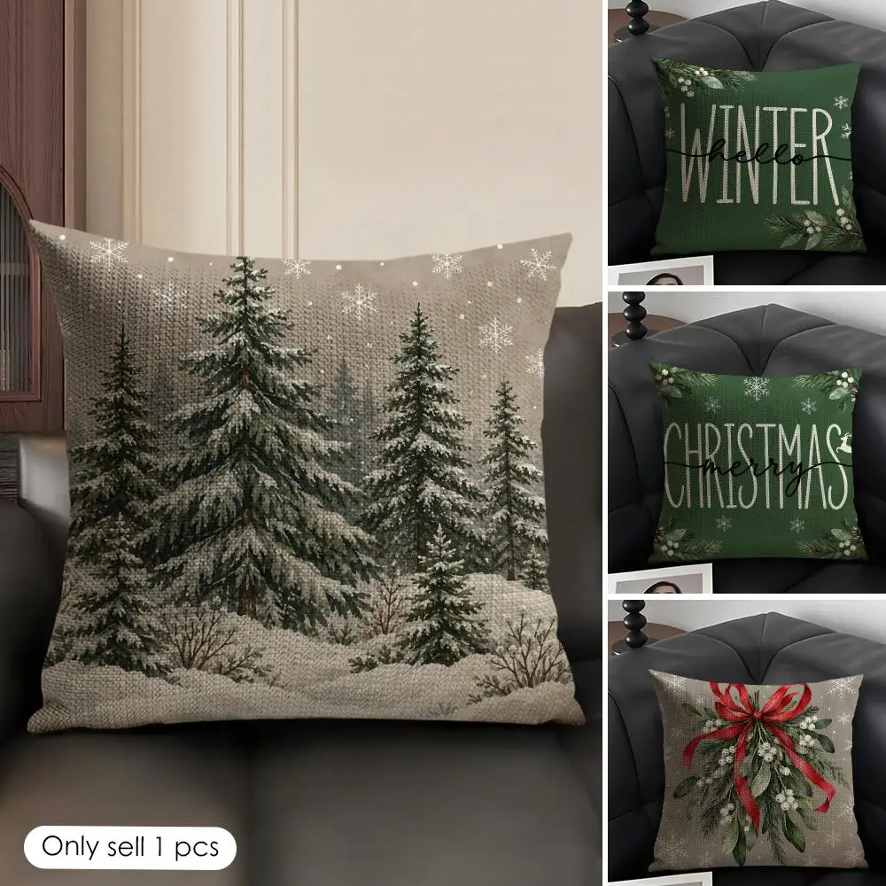 Merry Christmas Tree Hello Winter Green Cushion Cover Skin-Friendly Organic Pillow Cover Durable Hypoallergenic Washable Soft