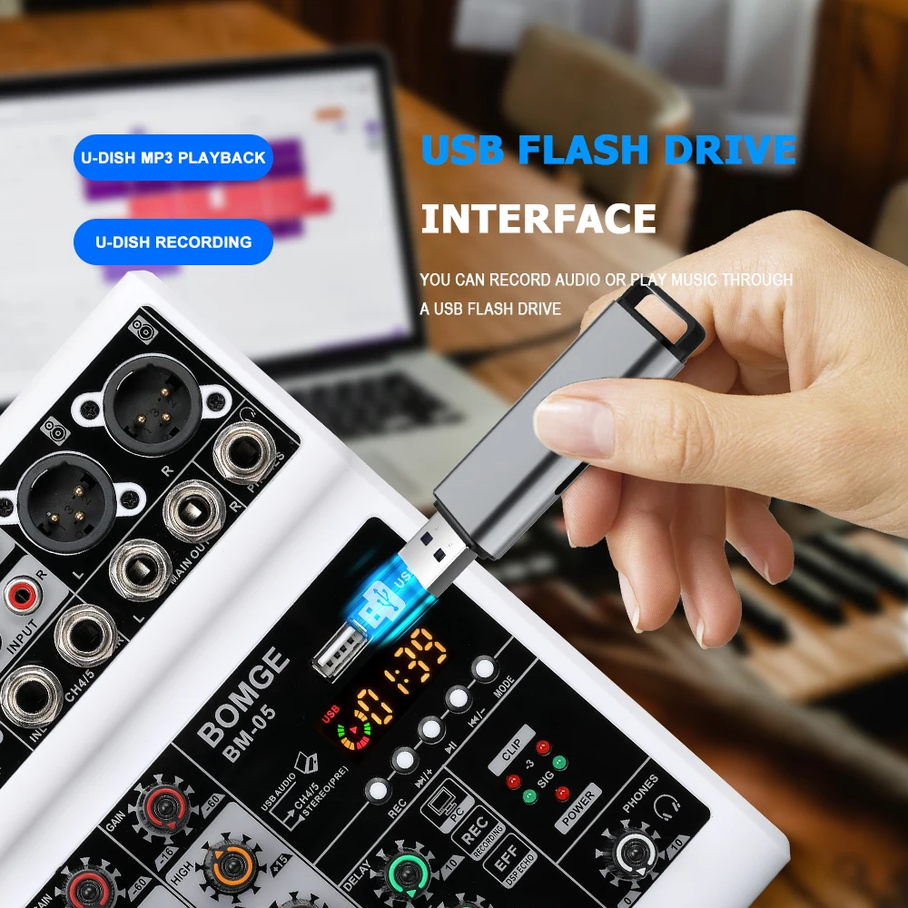 BOMGE BM05 Audio Mixer Mixing Console with 5 Channel Digital USB Bluetooth Echo Delay Effect 48V Phantom Power Stereo DJ Mixers