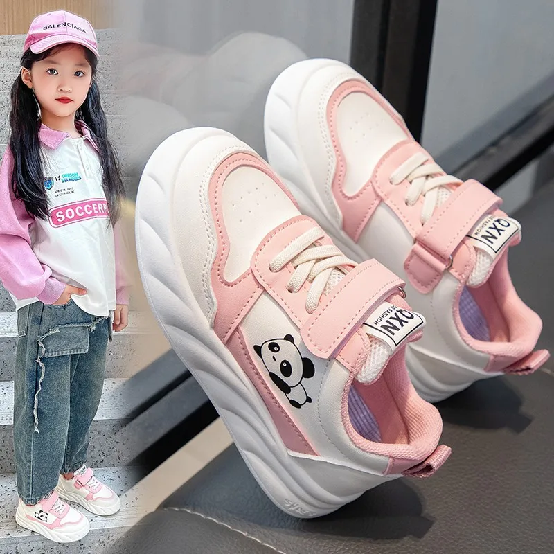 Girls Casual Shoes Flat Sole Sport Board Shoes Panda Pattern Lightweight Comfortable Leather Walking Sneakers Kids Footwear