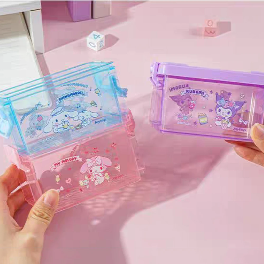 Genuíno sanrio cinnamoroll kuromi caixa de coleta empilhável de 3 camadas com adesivo diy kawaii melodia casa caixas de armazenamento diversos