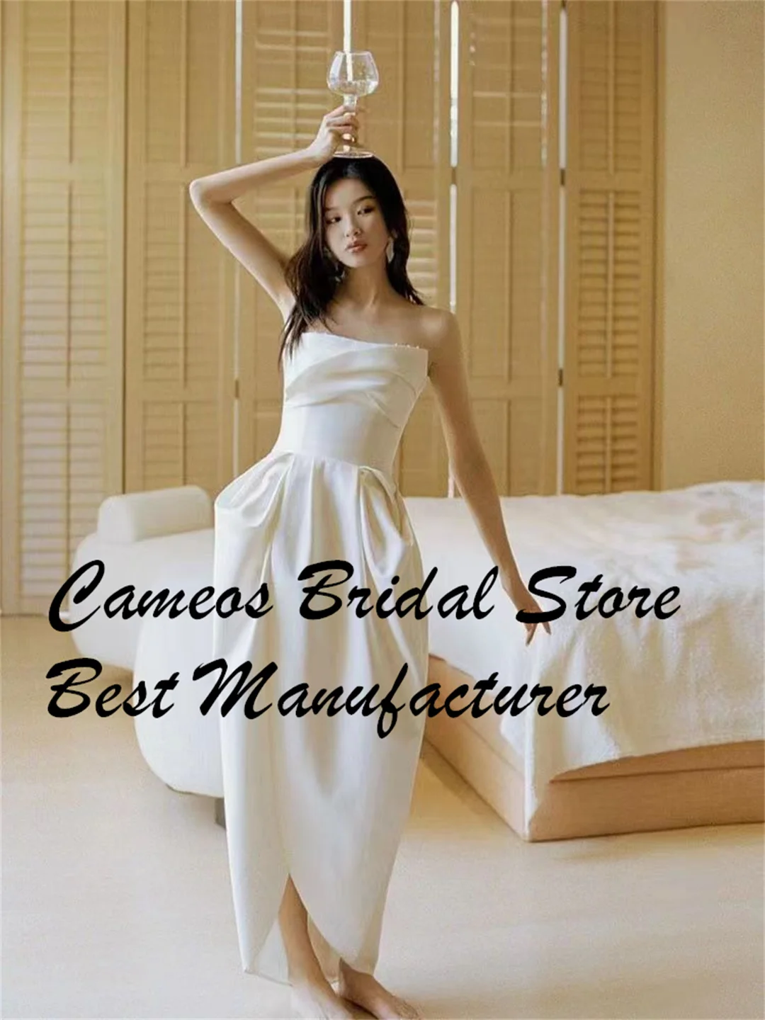 

SONDR Ivory Custom Made Wedding Dresses Strapless Korea Sleeveles Satin Sexy Backless Ruched Brides Gowns Women Bridal Dresses