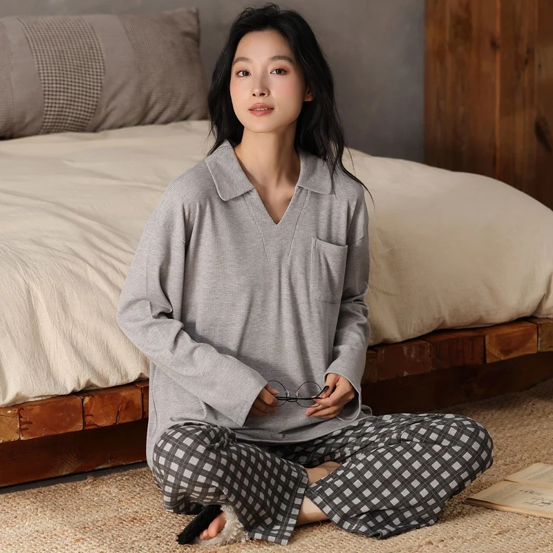 أطقم بيجامات قطنية مشروط جديدة لخريف 2025 بأكمام طويلة ورقبة على شكل حرف v للنساء ملابس نوم كورية بيجامة ملابس منزلية بيجاما موهير ملابس منزلية #4