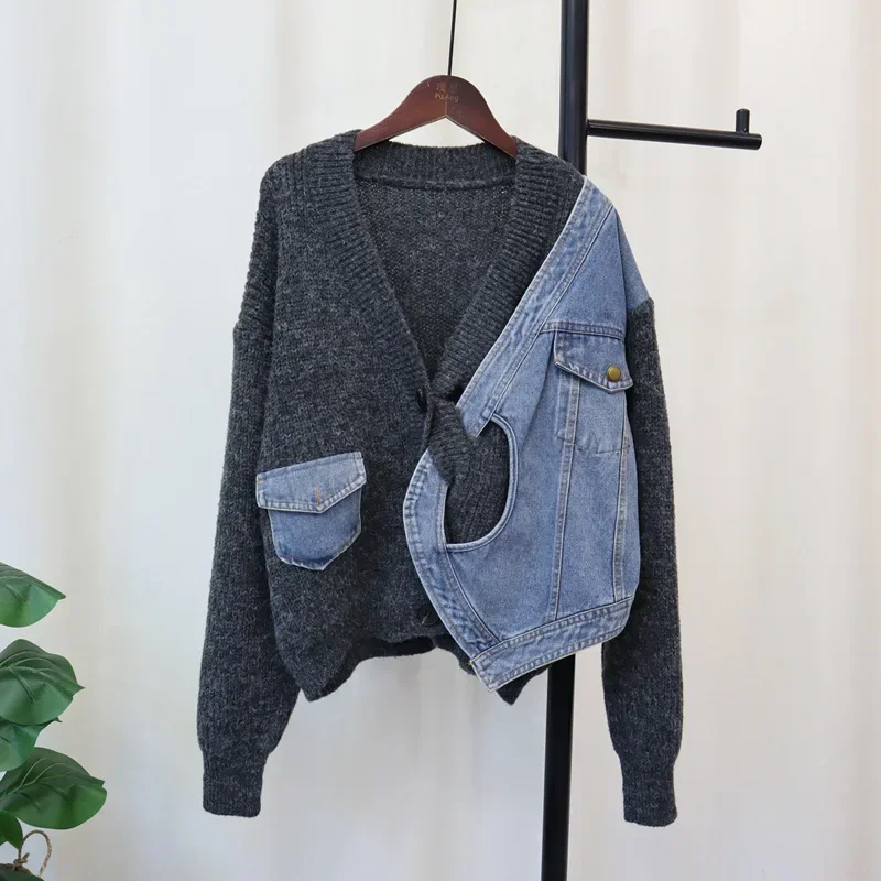 2024 Women Denim Sweater Cardigan Cross Kintted Button Loose Spring Autumn Vintage Winter Streetwear Y2k Jumper Coat Cardigans