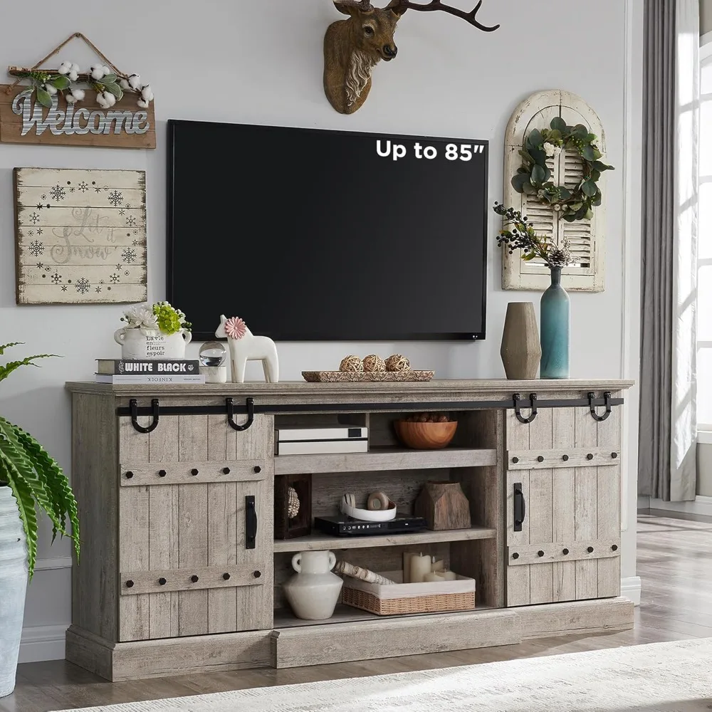 

75" Farmhouse TV Stand for TVs Up to 85 Inches, Large Rustic Entertainment Center with Sliding Barn Door, TV Stand