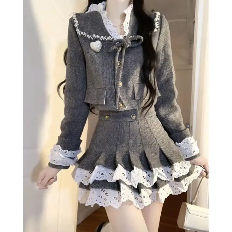 French  Xiaoxiangfeng Fashion Temperament Design Sense Lace Splicing Short Jacket High Waist Short Skirt Autumn and Winter Suit view 4