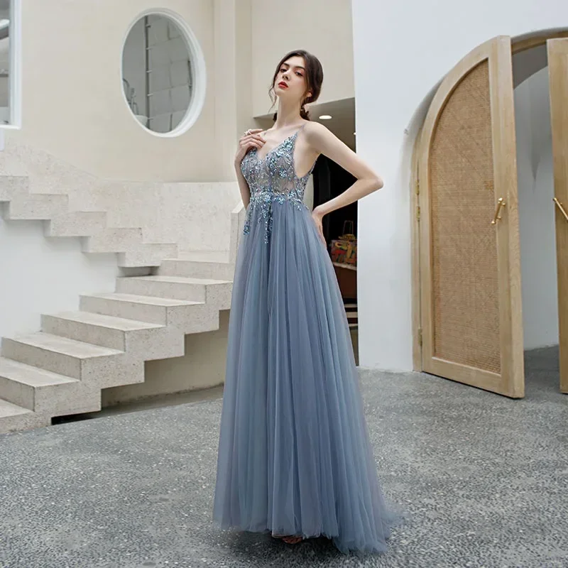 2024 Blue Elegant Sexy  V Neck Long Slip Applique Split Tulle Perspective A-line Prom Dress Party Evening Dresses for Women