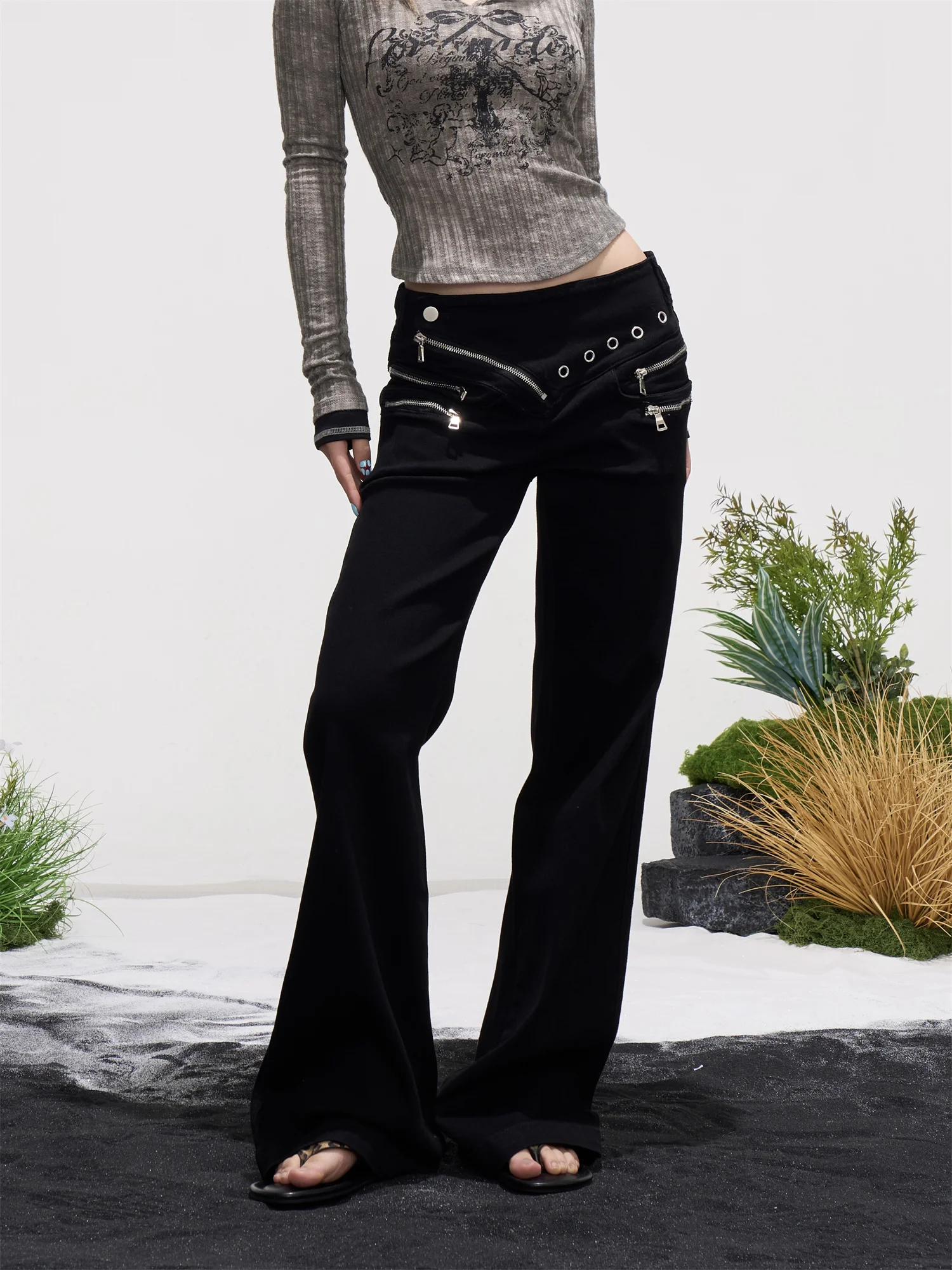 High Waist Black Casual Pants Women's Loose Straight Leg High Waist Slimming Long Trousers American Style Multi-Zipper Waist