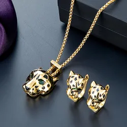 Zlxgirl Green Eye Jet leopard pendant with Earrings Jewelry Set AAA micro pave cubic zircon copper necklace sets fashion jewelry