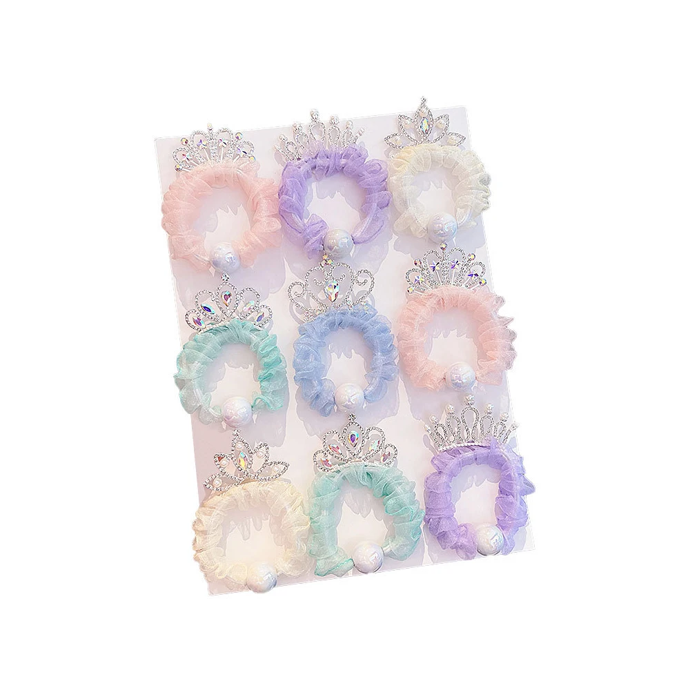 Summer Children\'s Crown Hair Ring Girl Ponytail Ball Scrunchies Rubber Band Girl Pearl Gauze Sweet Cute Headdress Wholesale