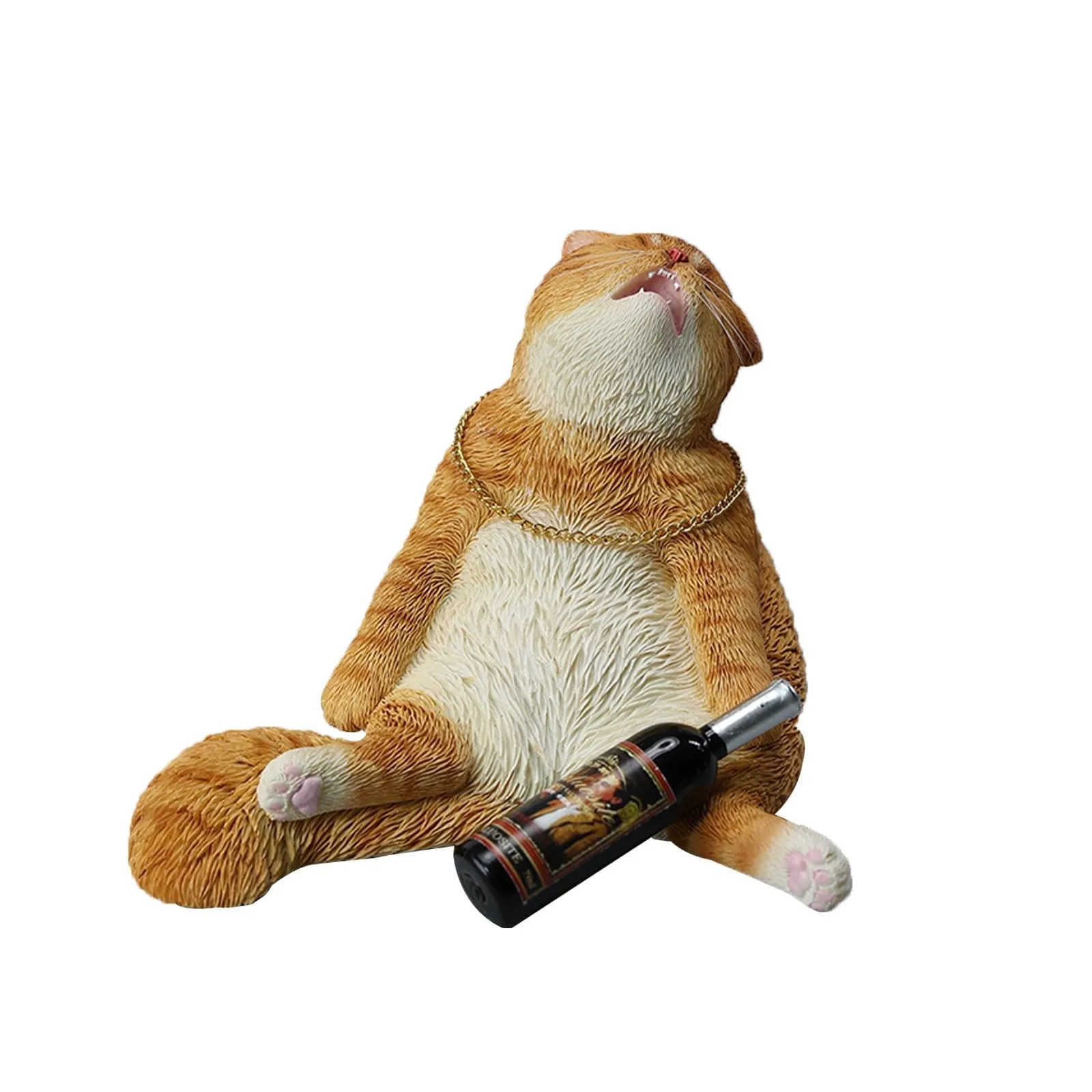 تمثال قطة في حالة سكر من الراتنج مع سلسلة وزجاجة - ديكور بار منزلي غريب الأطوار لمحبي القطط (نحت المطبخ/غرفة المعيشة اللطيف)