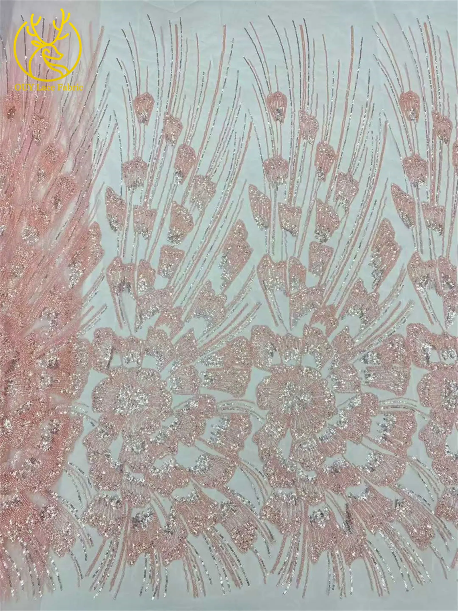 Luxuriöser Afrikanischer Pailletten-Perlen-Spitzenstoff 5 Yards Französischer Nigerianischer Tüll-Spitzenstoff Geeignet für Hochzeiten und Näharbeiten – Detail 7