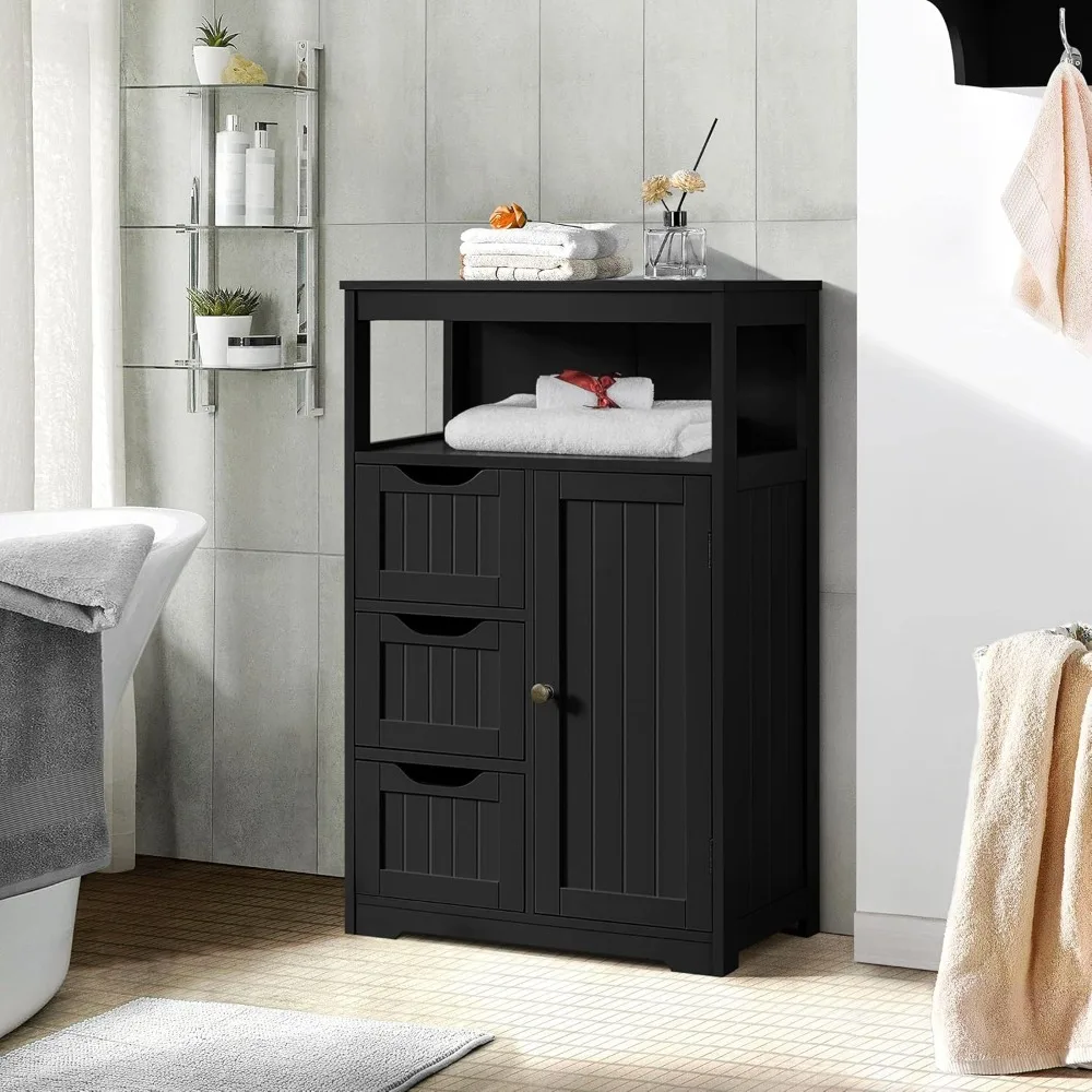 

Wooden Bathroom Floor Cabinet Free-Standing Storage Organizer with 1 Door And 3 Drawers for Kitchen Living Room