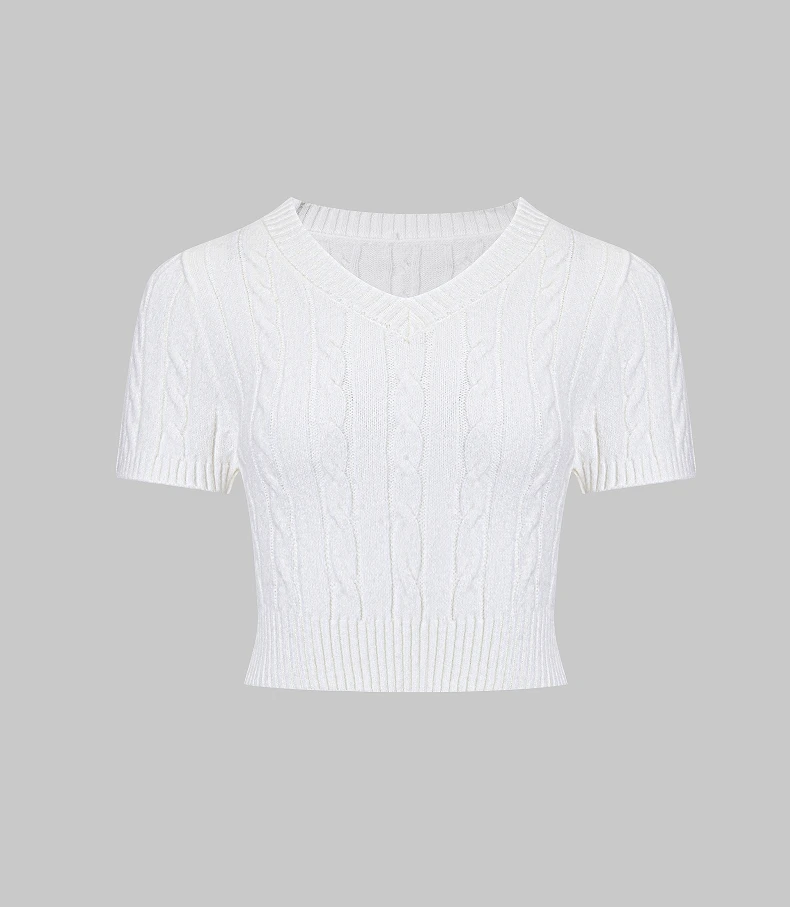 

Versatile casual white slim fit V-neck short sleeved pullover sweater for women
