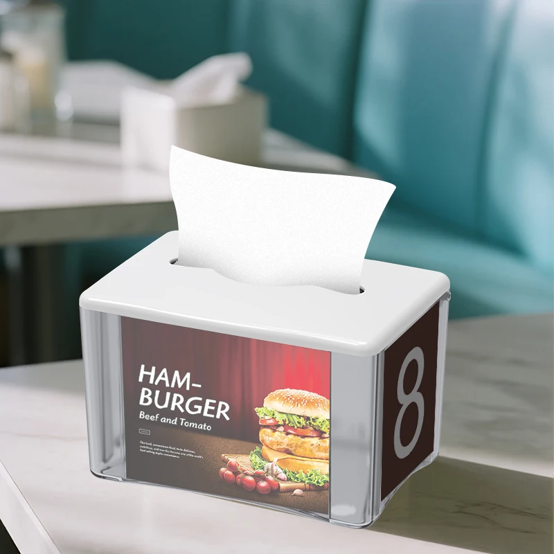 Commercial ABS Spring-Loaded Standing Tissue Dispenser with Advertising Slot - Pull-Type Countertop Tissue Box for Hotel Restaur