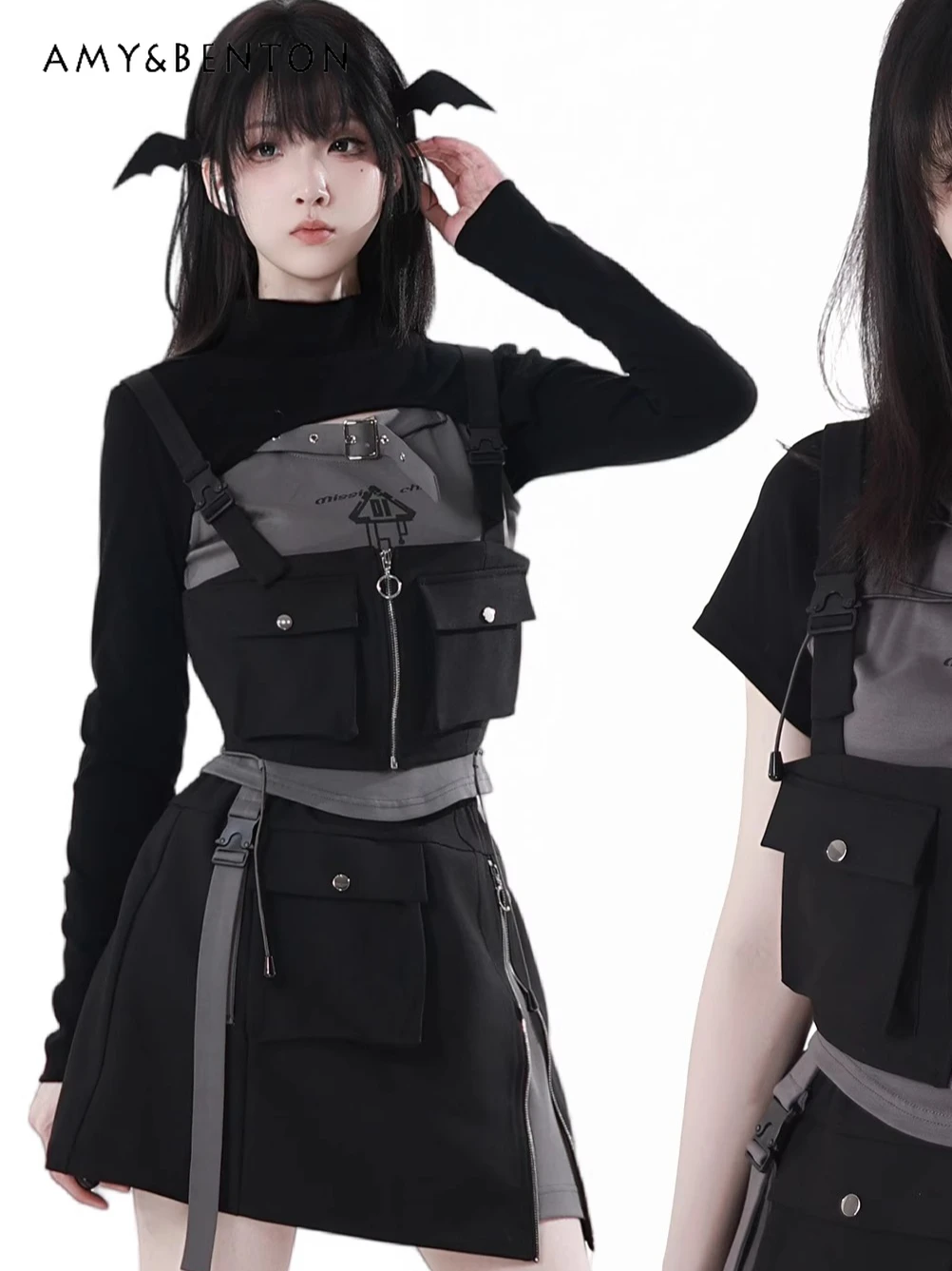 

Subculture Goth Black and Gray Contrasting Skirt Sets Women Summer Sweet Cool Girl Short Short-sleeved Top Zipper Mini Skirt