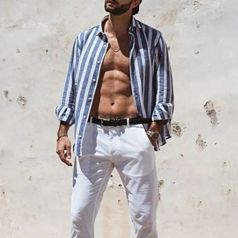 2025 New Hawaii Multi Color Breathable Versatile Fashion Stripe Thin Men's Beach Casual Loose Comfortable Long Sleeve Shirt
