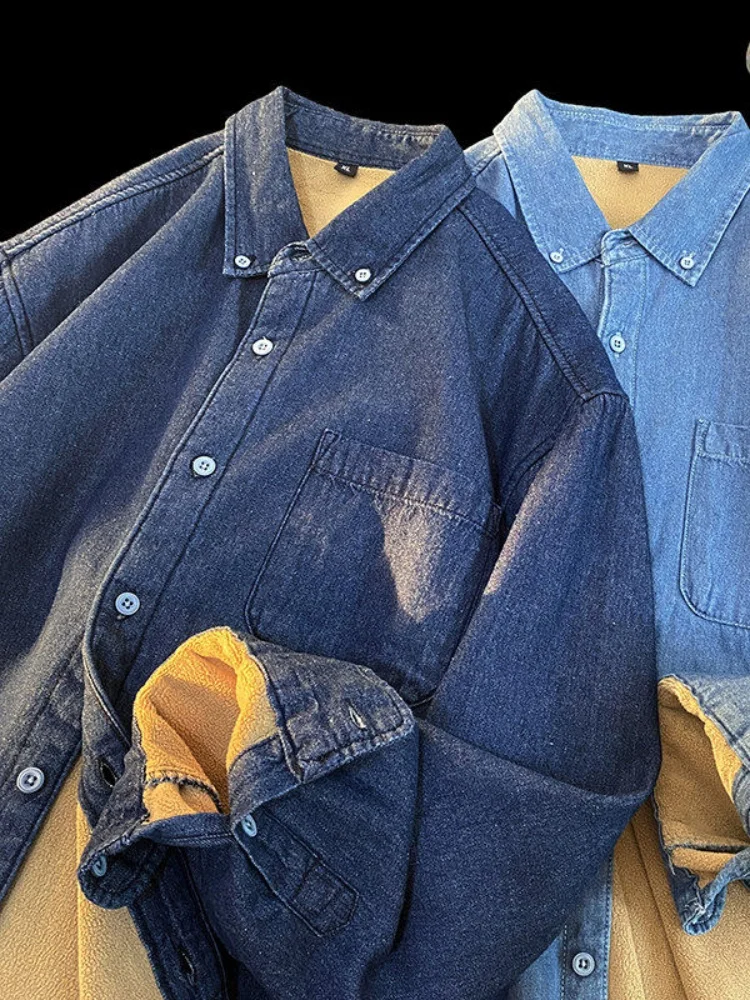 

Men's Denim Long Sleeve Shirt Winter Thickened Fleece Casual Outerwear Vintage American Style Loose Fit Warm Top Button down