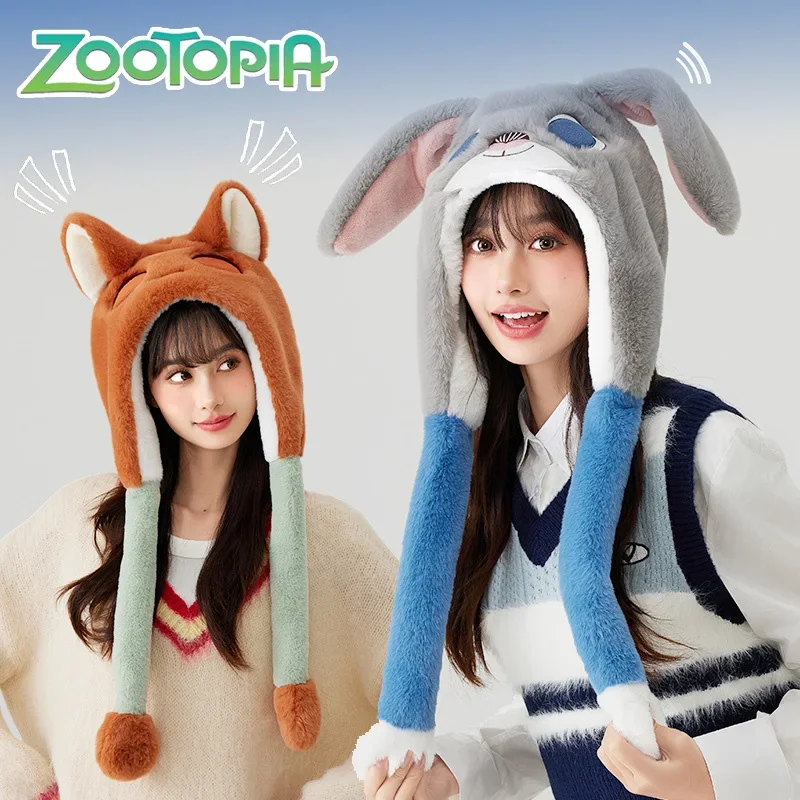 Disney Anime Nick Judy Women's Plush Hats Zootopia Figure Cartoon Cute Ear Sway Caps Gifts for Girls Children Winter Warm Hat