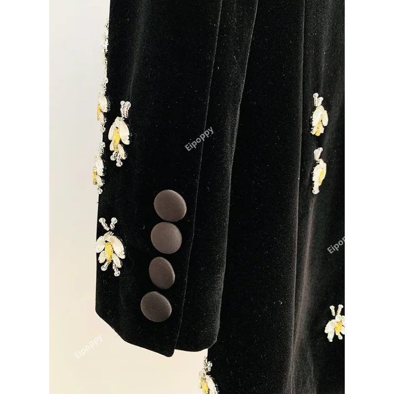 Black Velvet Blazer WomenDiamond Studded Pearl Bee Jacket for Party Wedding Wear Slim Fit Bee Diamond Studded Velvet Suits Coat