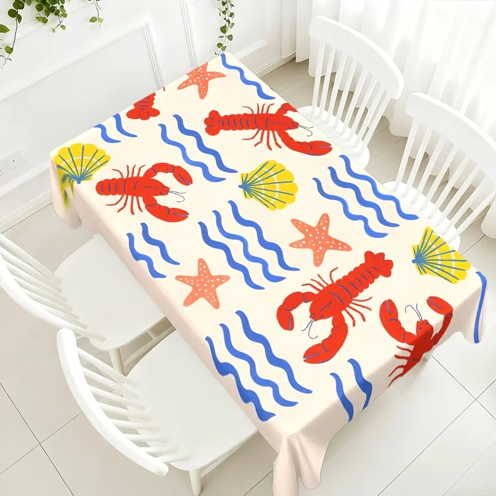 1pc High-end Versatile Spring Red Lobster and Sea Star Shell Wave Pattern Tablecloth 2D FLAT Artistic Atmosphere Feelingxzj