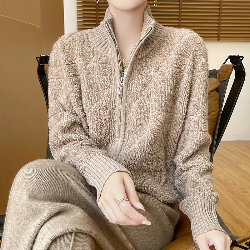 

Fall/Winter 2025 New 100% Pure Sweater Semi-high Neck Double Zipper Knitted Cashmere Cardigan Solid Color Joker Coat